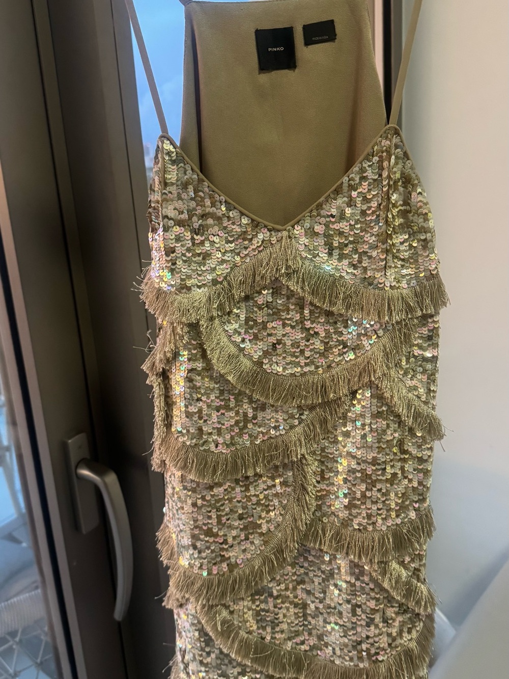 Pinko Champagne Sequin Fringe Strapless Dress